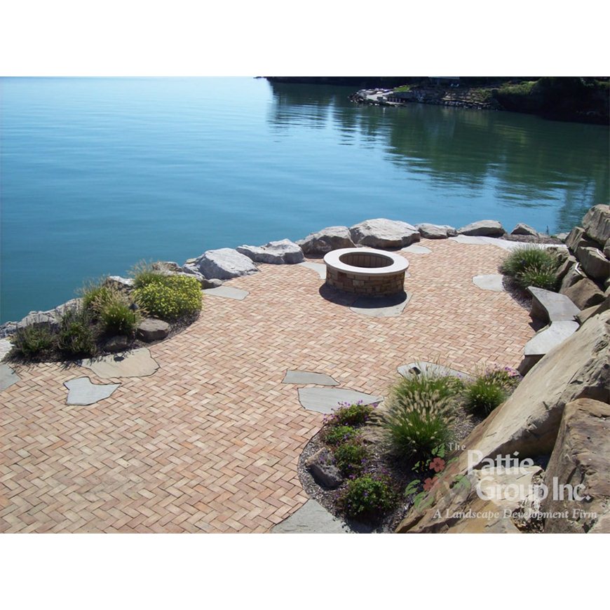 Patio with Fireplace Overlooking Lake