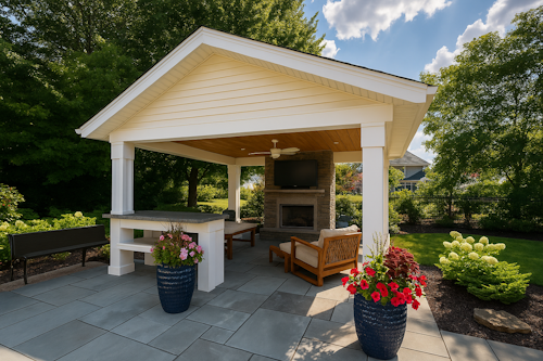 A beautiful outdoor patio with a covered seating area, featuring white pillars, a wooden ceiling with a fan, a fireplace with a mounted TV, cushioned wooden chairs, and vibrant flower planters, all surrounded by lush greenery.