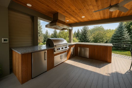 Modern outdoor kitchen under a wooden pergola, featuring a stainless steel grill, granite countertops, built-in cabinetry, and a ceiling fan, surrounded by lush greenery and a manicured lawn.