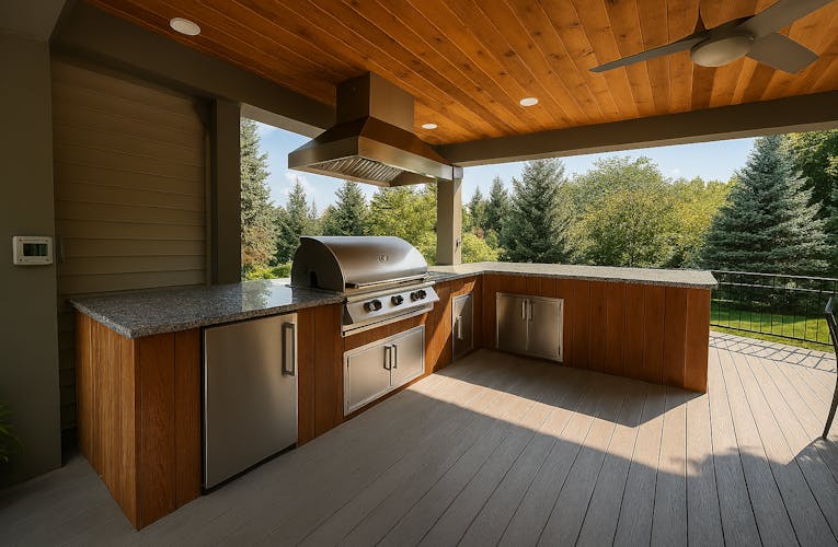 Modern outdoor kitchen under a wooden pergola, featuring a stainless steel grill, granite countertops, built-in cabinetry, and a ceiling fan, surrounded by lush greenery and a manicured lawn.