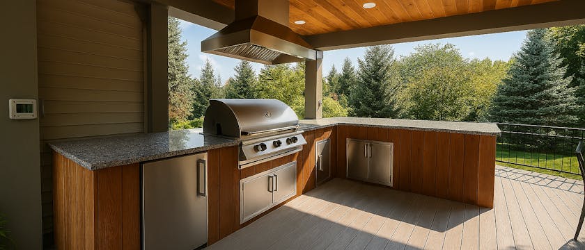 Modern outdoor kitchen under a wooden pergola, featuring a stainless steel grill, granite countertops, built-in cabinetry, and a ceiling fan, surrounded by lush greenery and a manicured lawn.